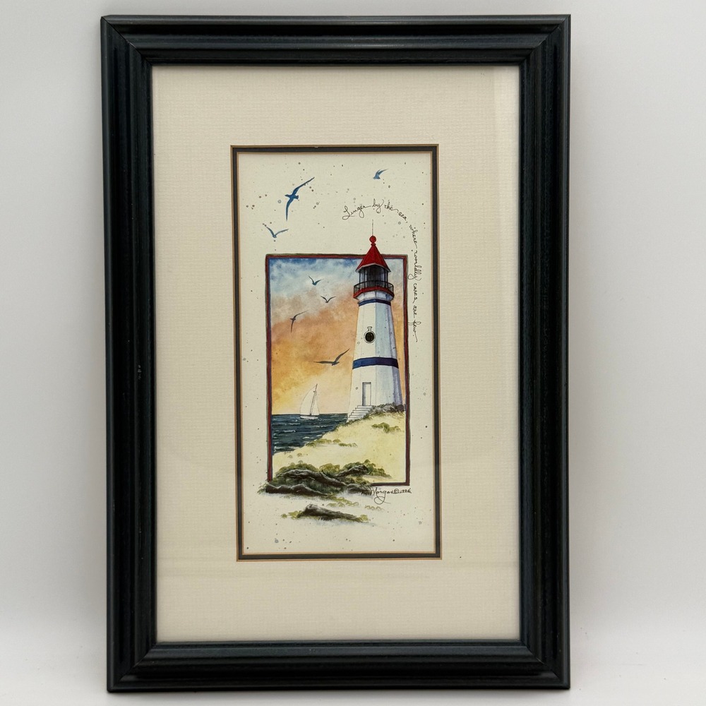 P Morgan 1996 Signed Lighthouse Art Print Framed Coastal Nautical Decor 15x10